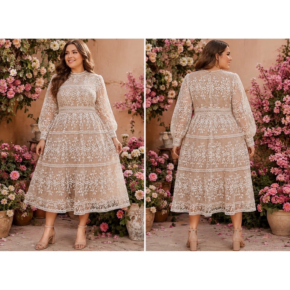 Ivy City Co Sicily Short Dress 24W NWT White Tan Lace Floral Puff Sleeve Plus